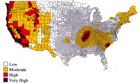Seismicity Map of the United States showing the very high areas being on the west coast, Carolinas, and northwestern Tennessee. The high and moderate areas surround these very high areas.