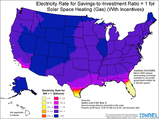 Illustration of a map of the United States showing the calculation of the natural gas price that would result in a saving-to-investment ratio of more than one. The color-coded key shows a range of less than 0.5 at the lowest and up to more than 5 at the highest. A majority of the states have a rate that is less than 0.5 or in the 0.5 to 1 range, with a few states in the 1 to 1.5 range, 1.5 to 2 range, 2 to 2.5 range, 3.5 to 4 range, or 4 to 5 range.