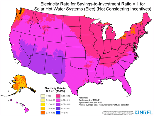 NREL Map of the US showing the electricity rates needed to make a solar water heating system that costs $75/ft2 cost effective
