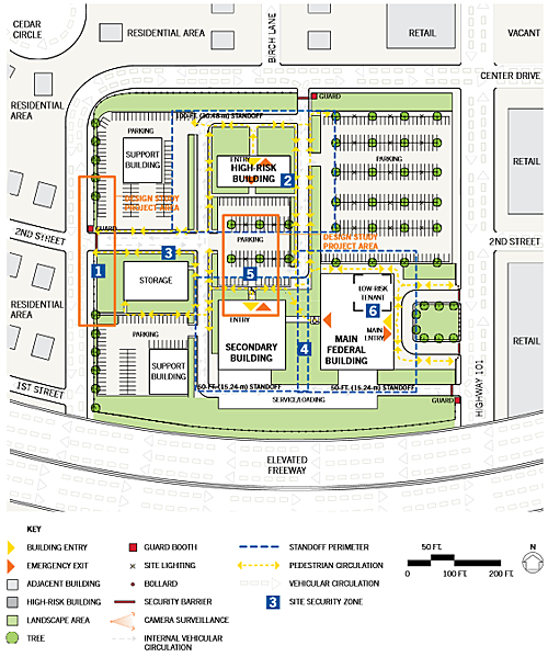 schematic of the existing conditions-site context plan of a federal building campus renovation in a suburban location