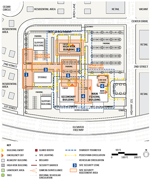 schematic of the site security assessment plan of a federal building campus renovation in a suburban location