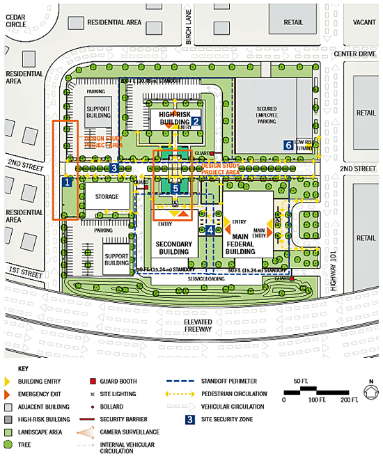 schematic of final concept plan of security and site design solutions for a federal building campus renovation in a suburban location