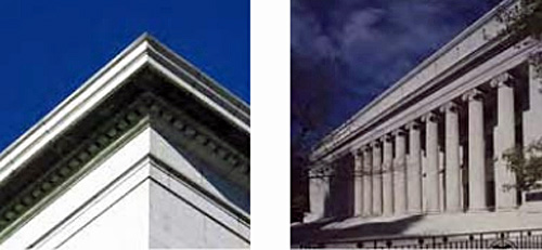 left photo: Architectural detail along corner of roof; right photo: Federal building designed with neoclassical columns