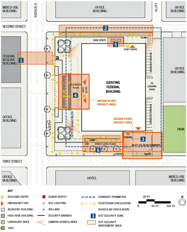 drawing of the site security assessment plan of single building renovation in an urban location