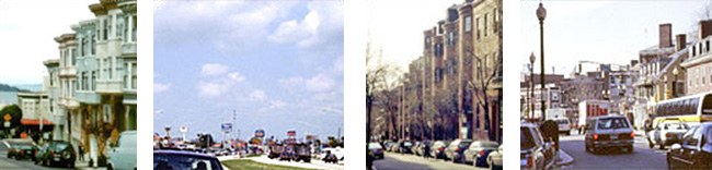 4 side-by-side images: left to right - San Francisco street view, Strip mall at a distance, Street and buldings in Beacon Hill, Boston, and traffic and buildings in Harvard Square, Cambridge, MA