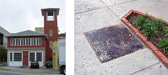 2 photos; on left is a red brick building with white panels and windows flanking a red door, a wall of widows along the second floor, and a large red tower stucture along the right side; on the right is a small metal plate covering a geothermal heating well installed in the sidewalk abutting a planter box