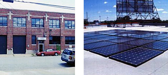 2 photos; on the left is a large brick warehouse building with double height black garage doors and large windows along the second story; on the right is a flat roof with solar panels installed on it