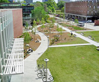 Aerial view of Georgia Tech's Klaus building exterior with green spaces