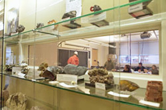 Lab window holding geology lab specimens for all to see (Winona State University)