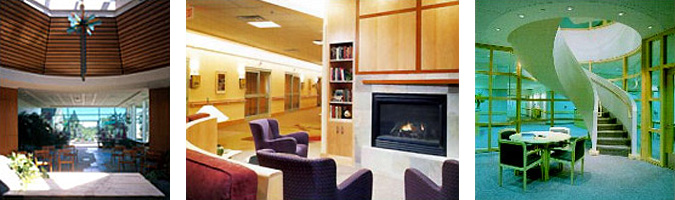 3 side-by-side images, on left is an interior view of the chapel in the St. Charles Medical Center, in the center is an interior seating area in front of a fireplace in the Woodwinds Health Campus, and on the right is a seating area at the bottom of a spiral staircase in the Griffin Hospital