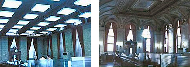 2 side by side images: left-before photo of dropped ceiling, and right-photo of a restored grand ceiling after a dropped ceiling has been replaced
