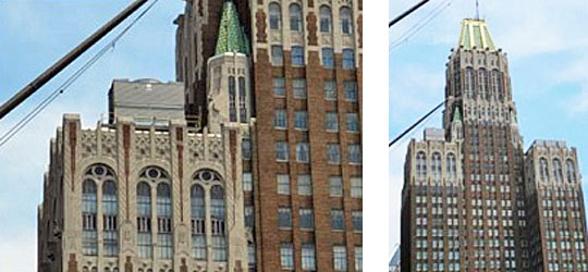 side by side images: left-close view of historic building exterior with obvious placement of new mechanical equipment that does not meet the Secretary's standards, and right-wide view of historic building exterior with obvious placement of new mechanical equipment that does not meet the Secretary's standards