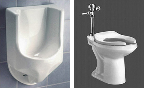 2 photos side by side left: Waterless Company Waterless Urinal, and right: American Standard ULF Toilet