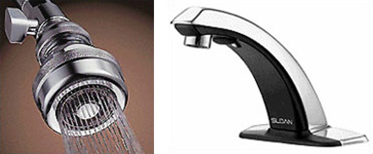 2 photos side by side left: Sloan-o-matic Low Flow Showerhead, and right: Sloan Automatic Faucet with Infrared Sensor