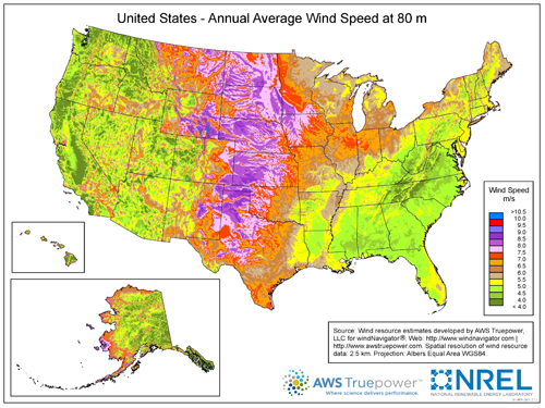 map of the United Stats showing annual average wind speed at 80 m