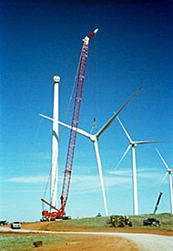 Photo of a tall construction crane line up near to a wind turbine